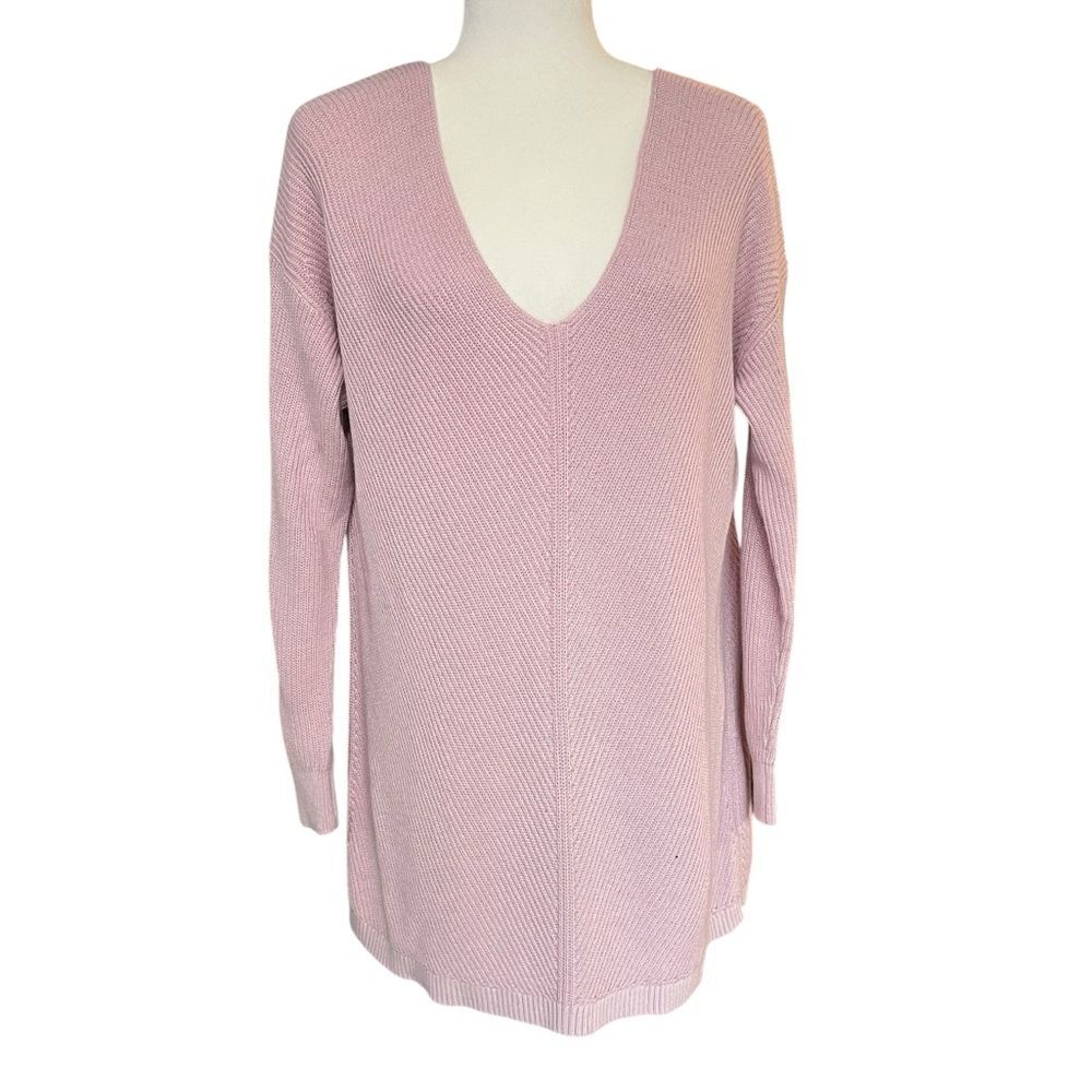 LL Bean Cotton Knit Pink V Neck Sweater Long Tunic Ribbed Womens Large